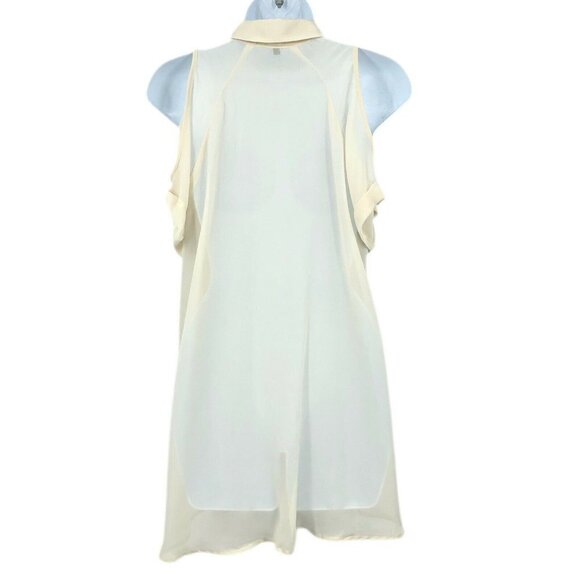 Monteau Top Cream Cold Shoulder High Low Sheer Chiffon Button Up Short Sleeve M - Picture 2 of 9
